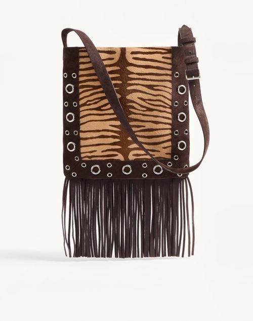 Valentino Garavani - Valentino Garavani Nellcôte Shoulder Bag In Animalier Pony Effect Calfskin With Fringes - Beige/testa Di Moro - Woman - Shoulder Bags